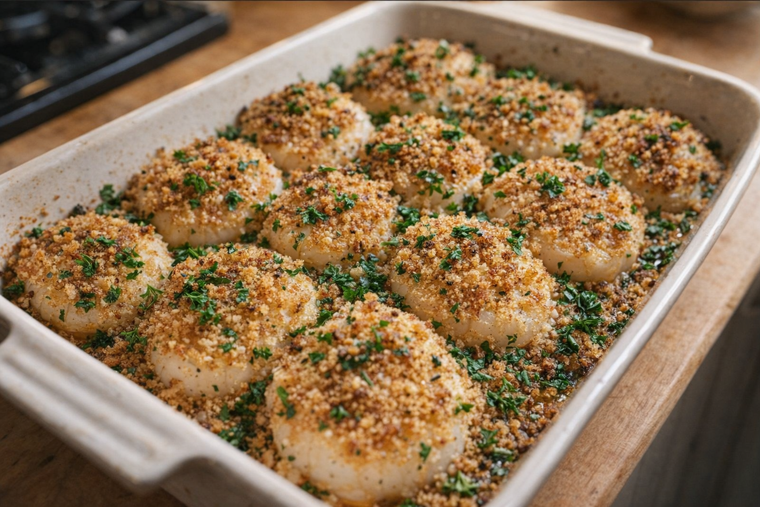 A top-down shot of perfectly baked scallops in a white baking dish, golden-brown breadcrumb topping, garnished with fresh parsley, warm ambient light